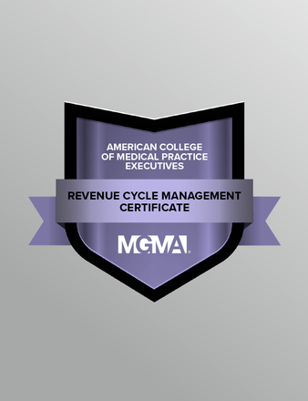 A graphic displaying a digital badge for the American College of Medical Practice Executives' Revenue Cycle Management Certificate.